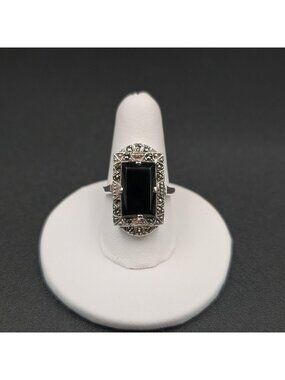 Size 7.5 Sterling Silver Art Deco Sterling Silver Black Onyx Filigree Ring A7488